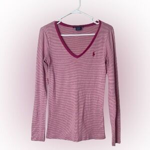 POLO, women’s M, pink and white striped v-neck, lightweight T
